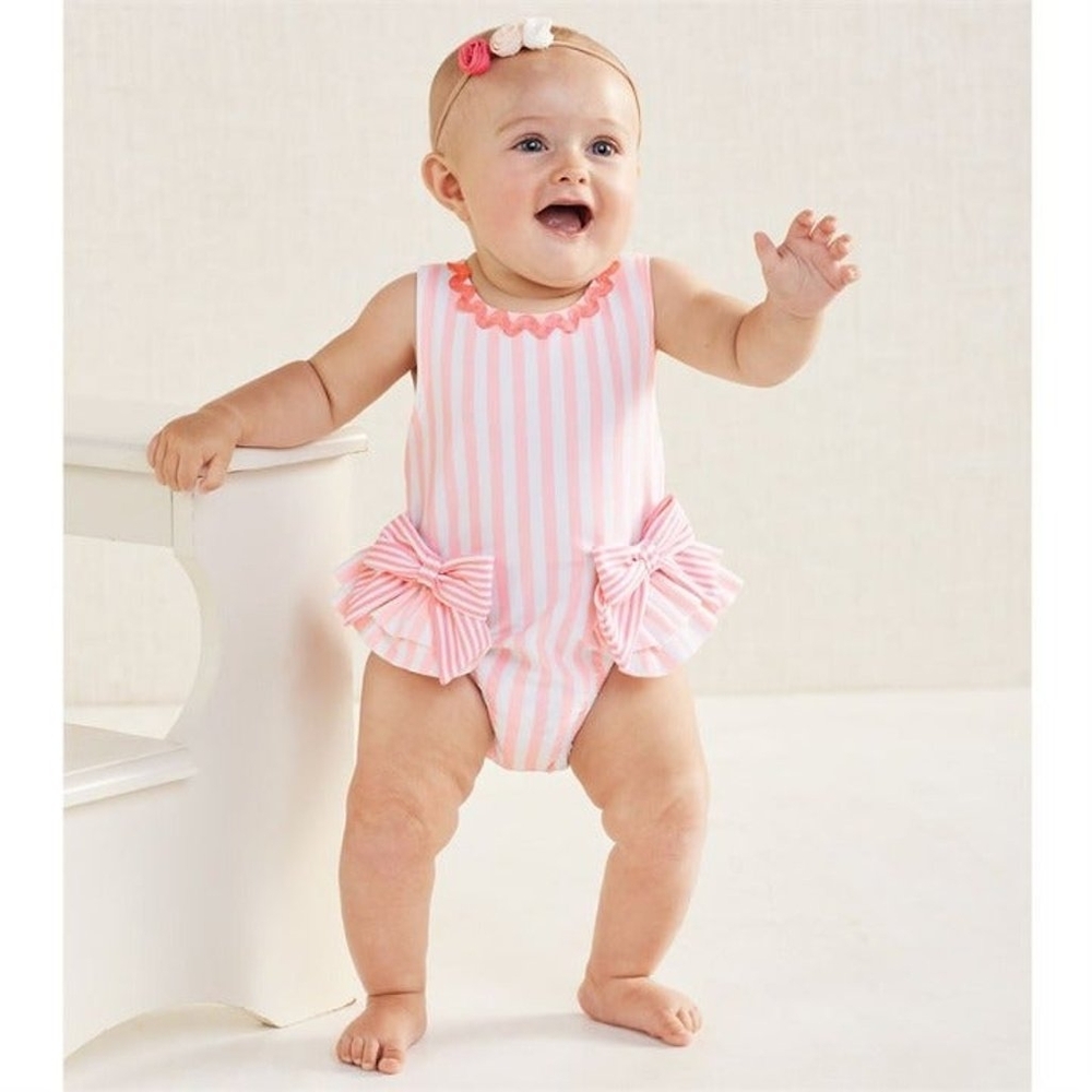 Mud Pie New Pink Bow Ruffle One Piece Swimsuit UPF 50 9-12 Mths